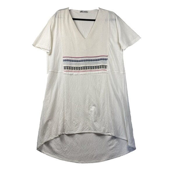Zara Womens Oversized Boho Tunic Dress High-Low Ivory Sz S Fringe V-Neck Tribal - Picture 1 of 11